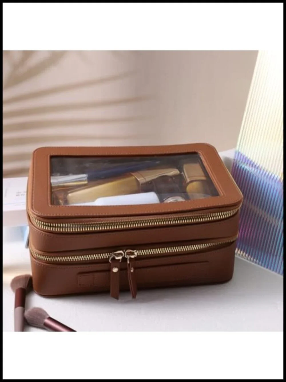 Faux Leather Travel Toiletry Bag with Two Zip Compartments TSA Approved Makeup